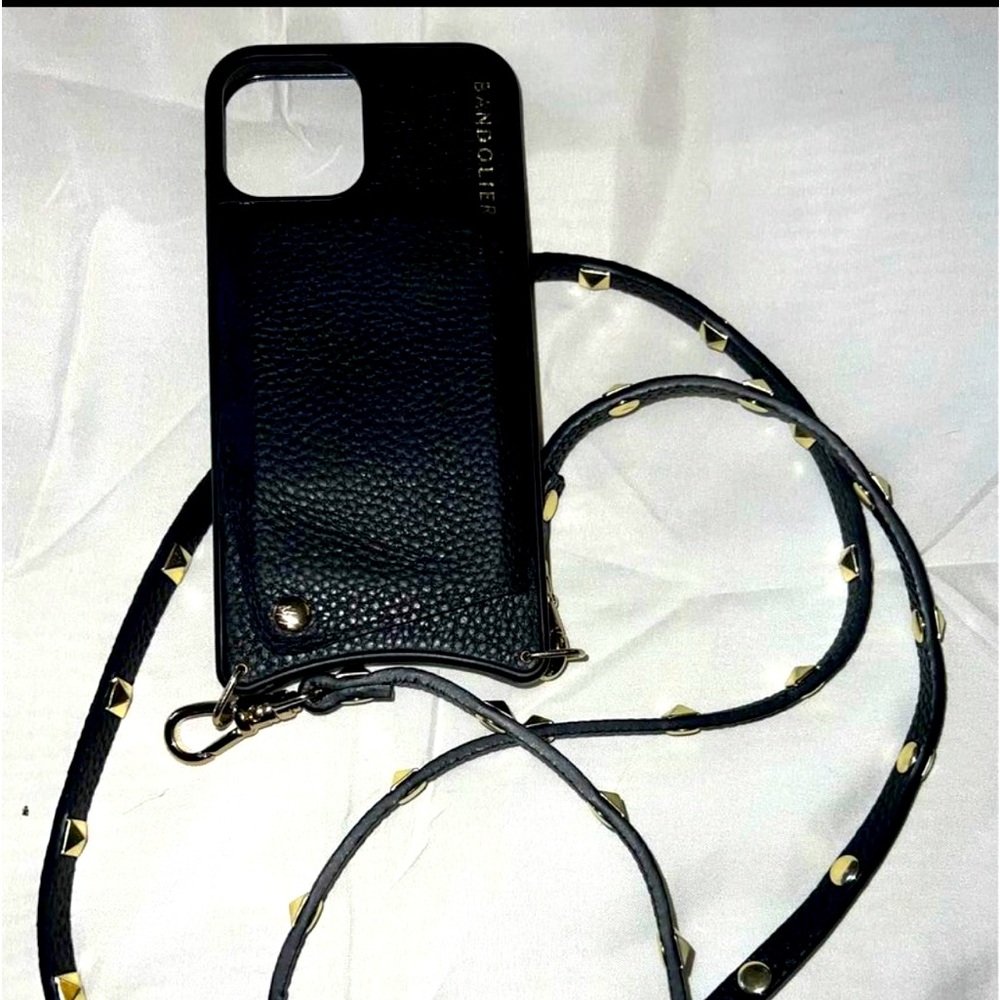 Bandolier iPhone 12 case with Gold Studded Strap and place for two cards on back